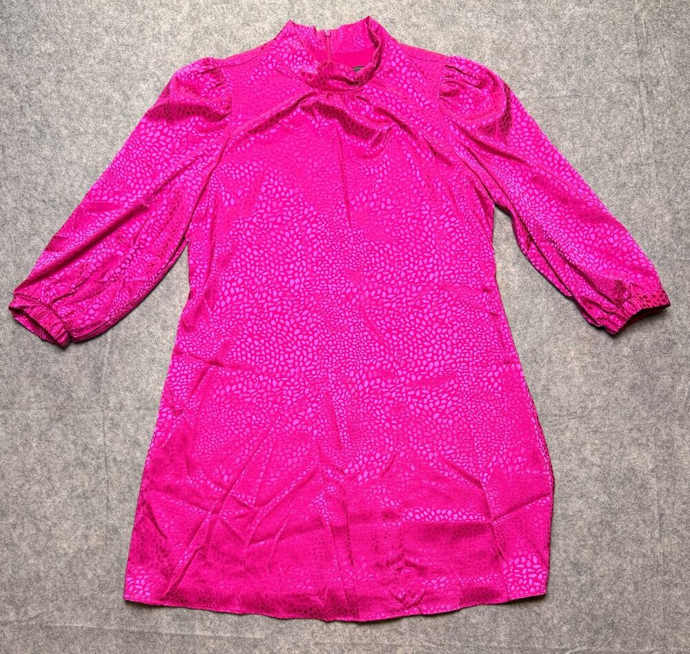 Jessica Howard Womens Petite 12P Hot Pink Jacquard Mock Neck Puff Sleeve Dress